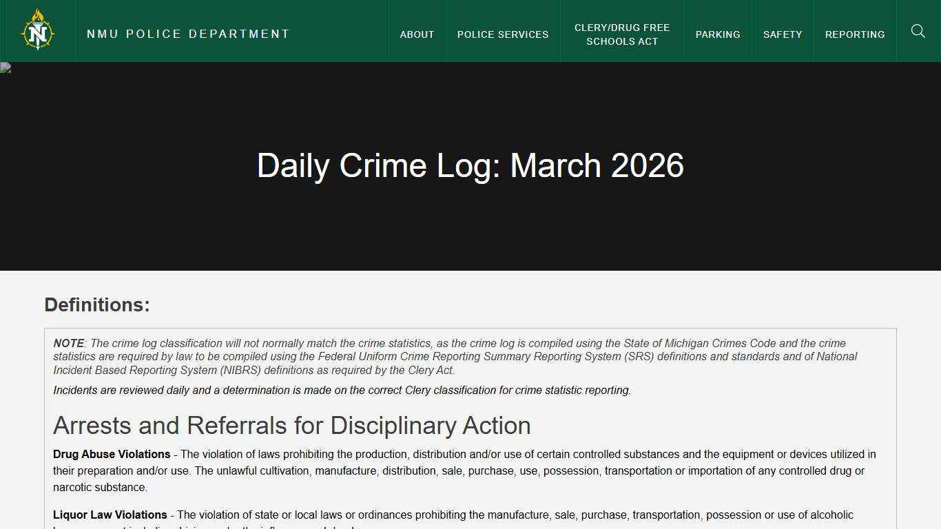 Daily Crime Log: March 2026 NMU Police Department